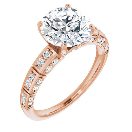 10K Rose Gold Customizable Round Cut Style with Three-sided, Segmented Shared Prong Band