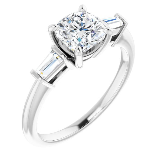 10K White Gold Customizable 3-stone Cushion Cut Design with Dual Baguette Accents)