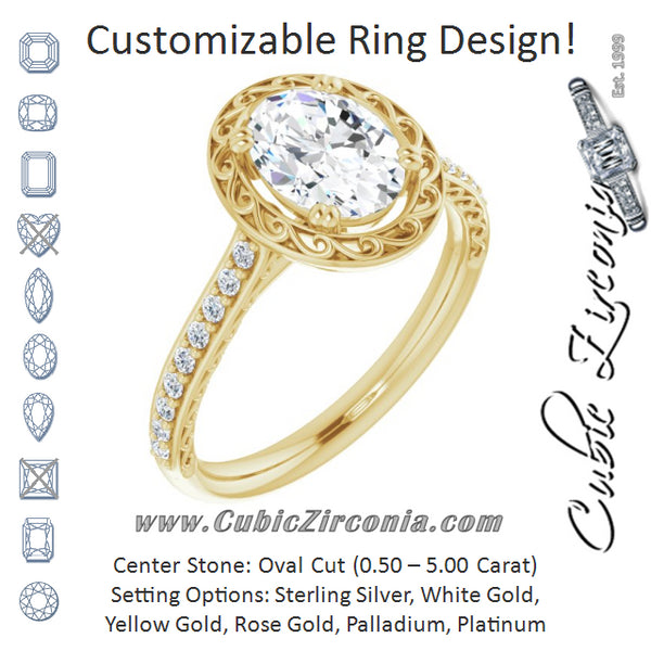 Cubic Zirconia Engagement Ring- The Montserrat  (Customizable Oval Cut Halo Design with Filigree and Accented Band)