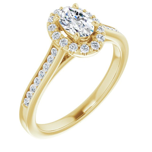 10K Yellow Gold Customizable Oval Cut Design with Halo, Round Channel Band and Floating Peekaboo Accents