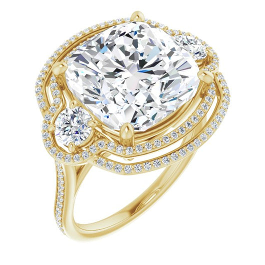 10K Yellow Gold Customizable Enhanced 3-stone Double-Halo Style with Cushion Cut Center and Thin Band