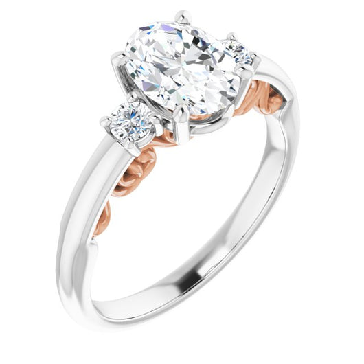 14K White & Rose Gold Customizable Oval Cut 3-stone Style featuring Heart-Motif Band Enhancement