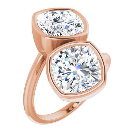 10K Rose Gold Customizable 2-stone Double Bezel Cushion Cut Design with Artisan Bypass Band