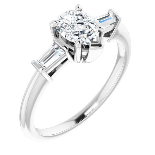 10K White Gold Customizable 3-stone Pear Cut Design with Dual Baguette Accents)