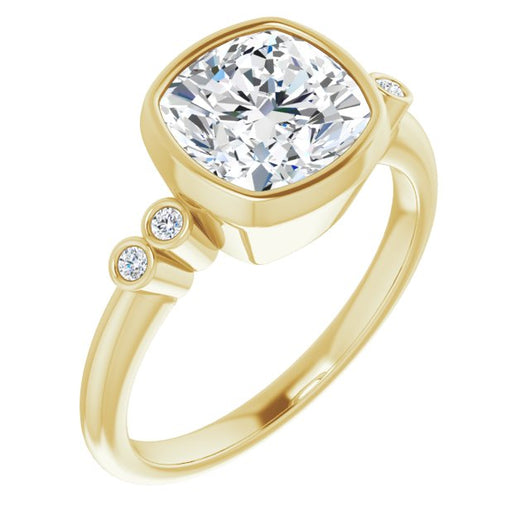 10K Yellow Gold Customizable 5-stone Bezel-set Cushion Cut Design with Quad Round-Bezel Side Stones