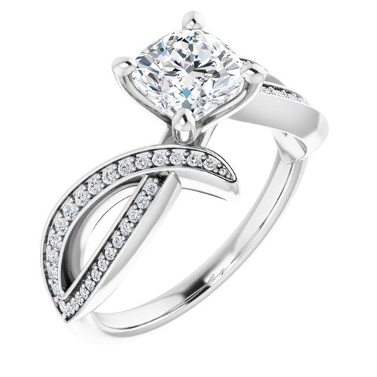 10K White Gold Customizable Cushion Cut Design with Swooping Pavé Bypass Band