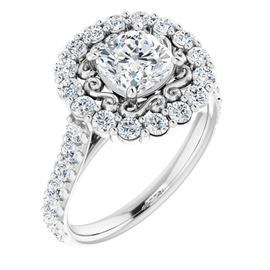 10K White Gold Customizable Cushion Cut Cathedral Style with Oversized Halo