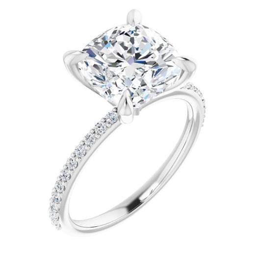 10K White Gold Customizable Cushion Cut Style with Delicate Pavé Band