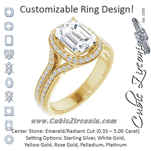 Cubic Zirconia Engagement Ring- The Dionne (Customizable Cathedral-raised Emerald Cut Setting with Halo and Shared Prong Band)