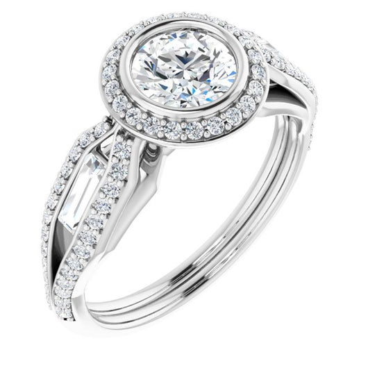 10K White Gold Customizable Cathedral-Bezel Round Cut Design with Halo, Split-Pavé Band & Channel Baguettes