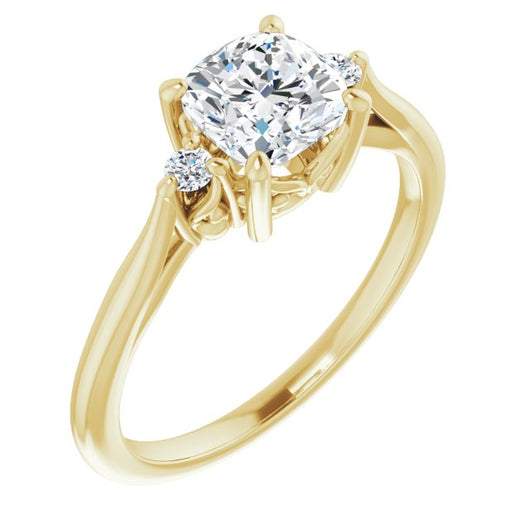 10K Yellow Gold Customizable Three-stone Cushion Cut Design with Small Round Accents and Vintage Trellis/Basket