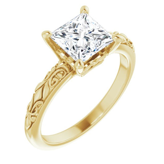 10K Yellow Gold Customizable Princess/Square Cut Solitaire featuring Delicate Metal Scrollwork