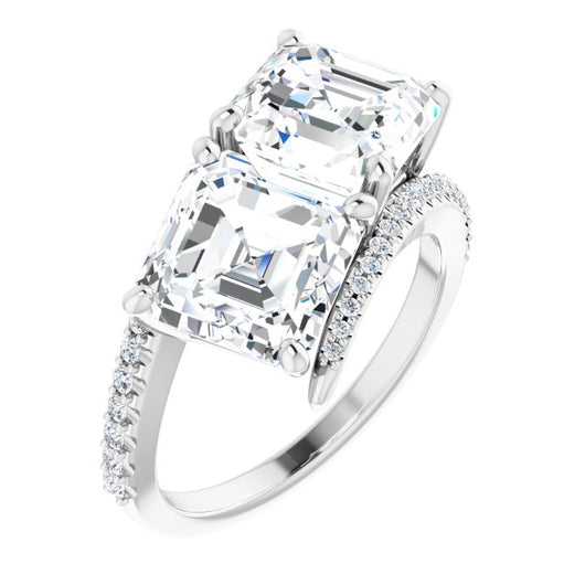 10K White Gold Customizable Double Asscher Cut 2-stone Design with Ultra-thin Bypass Band and Pavé Enhancement