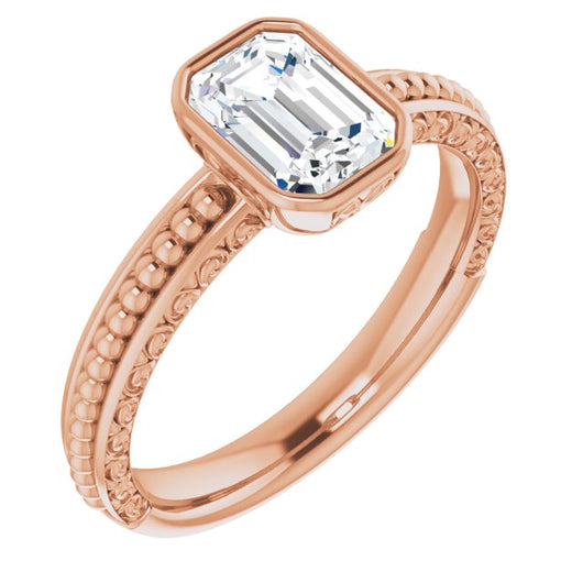 10K Rose Gold Customizable Bezel-set Emerald/Radiant Cut Solitaire with Beaded and Carved Three-sided Band