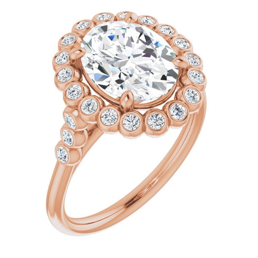 10K Rose Gold Customizable Oval Cut Cathedral-Style Clustered Halo Design with Round Bezel Accents