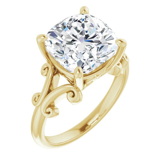 10K Yellow Gold Customizable Cushion Cut Solitaire with Band Flourish and Decorative Trellis