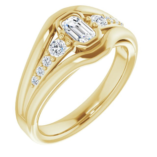 10K Yellow Gold Customizable 9-stone Emerald/Radiant Cut Design with Bezel Center, Wide Band and Round Prong Side Stones