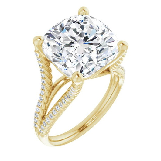 10K Yellow Gold Customizable Cushion Cut Style with Split Band and Rope-Pavé