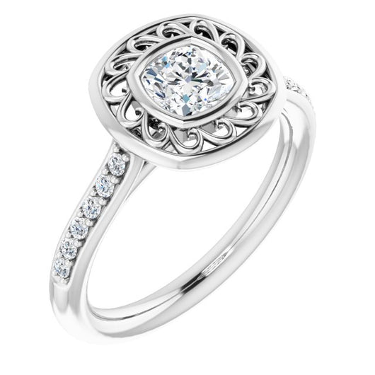 10K White Gold Customizable Cathedral-Bezel Cushion Cut Design with Floral Filigree and Thin Shared Prong Band