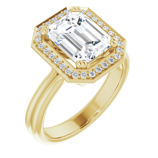 10K Yellow Gold Customizable Emerald/Radiant Cut Style with Scooped Halo and Grooved Band