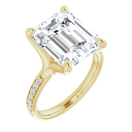 10K Yellow Gold Customizable Heavy Prong-Set Emerald/Radiant Cut Style with Round Cut Band Accents