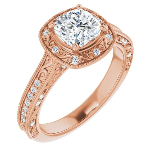 10K Rose Gold Customizable Vintage Artisan Cushion Cut Design with 3-Sided Filigree and Side Inlay Accent Enhancements