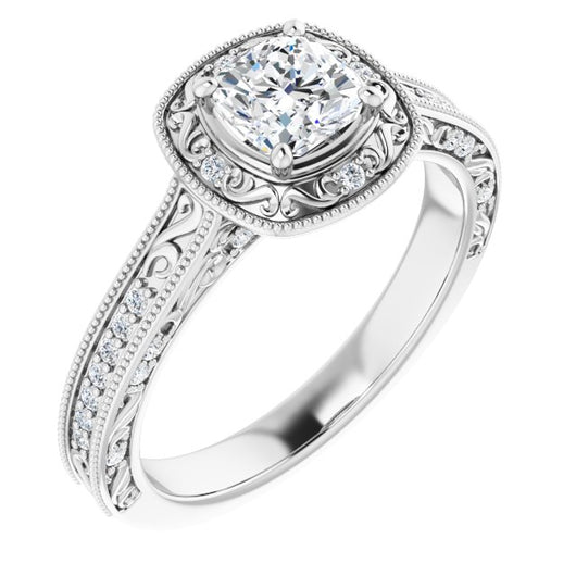 10K White Gold Customizable Vintage Artisan Cushion Cut Design with 3-Sided Filigree and Side Inlay Accent Enhancements