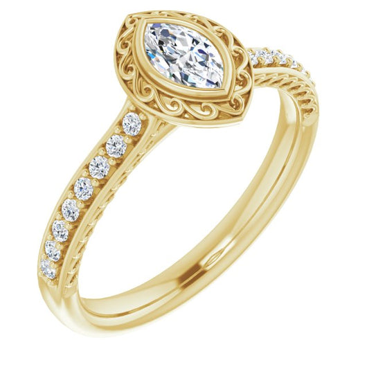 10K Yellow Gold Customizable Cathedral-Bezel Marquise Cut Design featuring Accented Band with Filigree Inlay