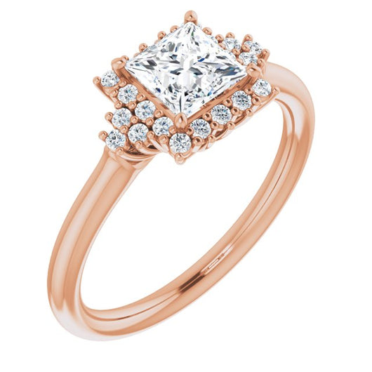 10K Rose Gold Customizable Princess/Square Cut Cathedral-Halo Design with Tri-Cluster Round Accents