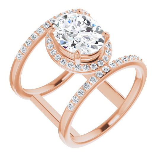 10K Rose Gold Customizable Oval Cut Halo Design with Open, Ultrawide Harness Double Pavé Band