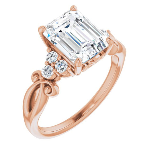 10K Rose Gold Customizable 7-stone Emerald/Radiant Cut Design with Tri-Cluster Accents and Teardrop Fleur-de-lis Motif