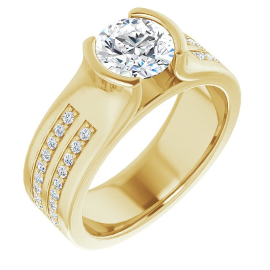 10K Yellow Gold Customizable Bezel-set Round Cut Design with Thick Band featuring Double-Row Shared Prong Accents