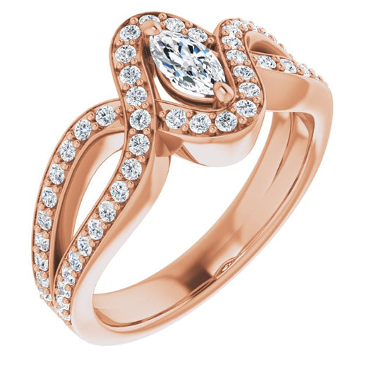 10K Rose Gold Customizable Marquise Cut Center with Infinity-inspired Split Shared Prong Band and Bypass Halo