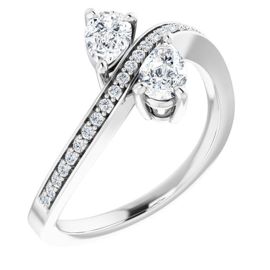 10K White Gold Customizable 2-stone Pear Cut Bypass Design with Thin Twisting Shared Prong Band