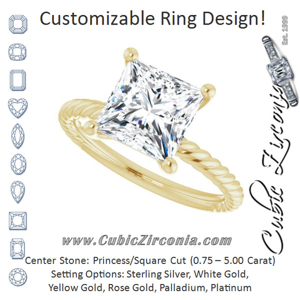 Cubic Zirconia Engagement Ring- The Donna Lea (Customizable Princess/Square Cut Solitaire featuring Braided Rope Band)