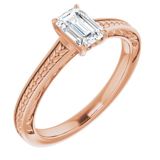 10K Rose Gold Customizable Emerald/Radiant Cut Solitaire with Organic Textured Band and Decorative Prong Basket