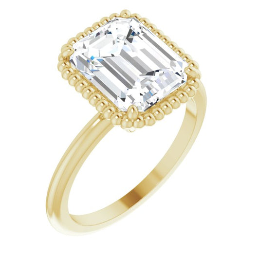 10K Yellow Gold Customizable Emerald/Radiant Cut Solitaire with Beaded Metallic Milgrain