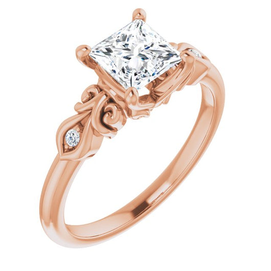 10K Rose Gold Customizable 3-stone Princess/Square Cut Design with Small Round Accents and Filigree