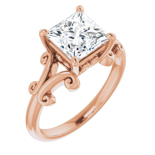 10K Rose Gold Customizable Princess/Square Cut Solitaire with Band Flourish and Decorative Trellis