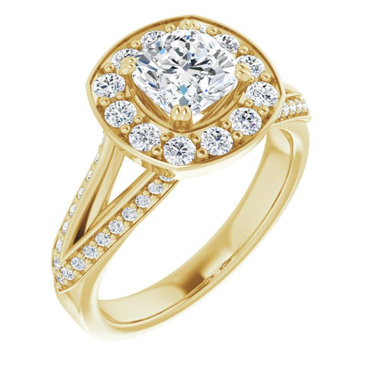 10K Yellow Gold Customizable Cushion Cut Center with Large-Accented Halo and Split Shared Prong Band