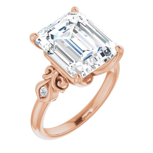 10K Rose Gold Customizable 3-stone Emerald/Radiant Cut Design with Small Round Accents and Filigree