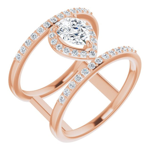 10K Rose Gold Customizable Pear Cut Halo Design with Open, Ultrawide Harness Double Pavé Band