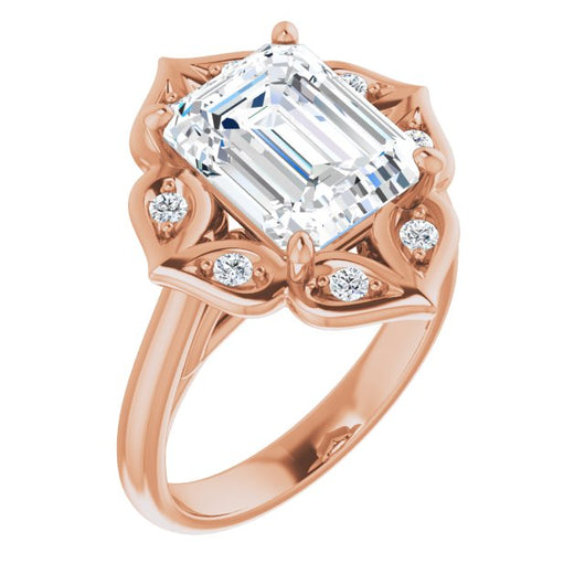 10K Rose Gold Customizable Cathedral-raised Emerald/Radiant Cut Design with Star Halo & Round-Bezel Peekaboo Accents