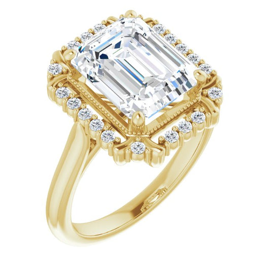 10K Yellow Gold Customizable Emerald/Radiant Cut Design with Majestic Crown Halo and Raised Illusion Setting