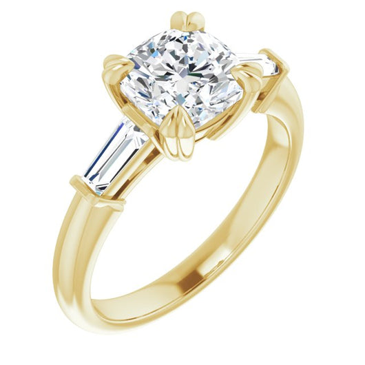 10K Yellow Gold Customizable 3-stone Cushion Cut Design with Tapered Baguettes