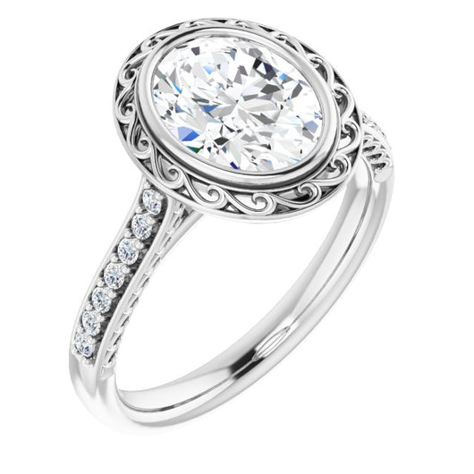 10K White Gold Customizable Cathedral-Bezel Oval Cut Design featuring Accented Band with Filigree Inlay