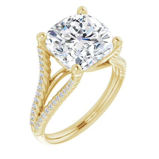 10K Yellow Gold Customizable Cushion Cut Style with Split Band and Rope-Pavé