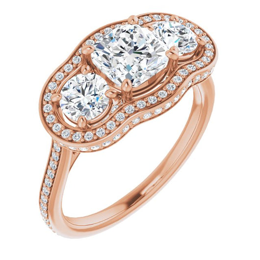 10K Rose Gold Customizable 3-stone Cushion Cut Design with Multi-Halo Enhancement and 150+-stone Pavé Band