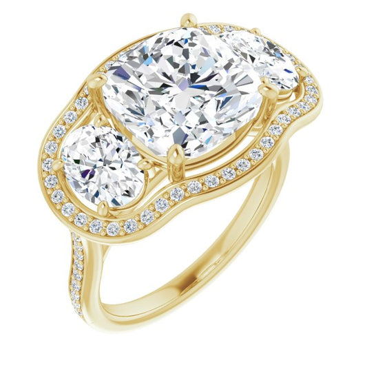 10K Yellow Gold Customizable Cushion Cut Style with Oval Cut Accents, 3-stone Halo & Thin Shared Prong Band