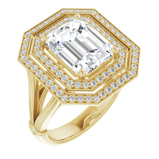 10K Yellow Gold Customizable Cathedral-set Emerald/Radiant Cut Design with Double Halo, Wide Split Band and Side Knuckle Accents